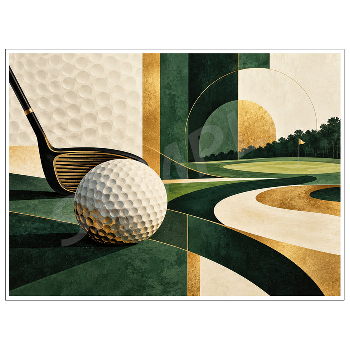 Modern abstract golf art featuring a golf ball, iron, fairway and putting green in green, cream and gold.