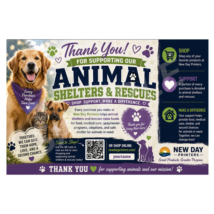A promotional thank-you graphic for New Day Pet Products animal shelters and rescues, featuring a golden retriever and a cat, purple paw prints, and sections for shop, support, and make a difference with product icons and text.