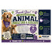 A promotional thank-you graphic for New Day Pet Products animal shelters and rescues, featuring a golden retriever and a cat, purple paw prints, and sections for shop, support, and make a difference with product icons and text.