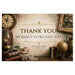 A vintage-style antique shop thank you sign with the text 'THANK YOU WE REALLY APPRECIATE YOU' and 'ANTIQUE SHOP' in elegant typography, surrounded by old books, a clock, a globe, a teacup, and other antique props.