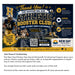 A fundraising card design for the New Day Printers Athletic Booster Club, featuring a dark blue header with football players, large yellow and white text, and sections for shopping, support, and making a difference. Below the card, black text explains the year-round fundraising program.