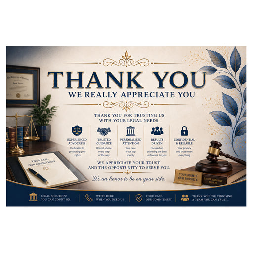A professional mockup of a legal office thank you sign with a dark navy blue border, beige background, and illustrations of scales of justice, a gavel, and a briefcase. The sign features text reading 'THANK YOU WE REALLY APPRECIATE YOU' and several benefit callouts.