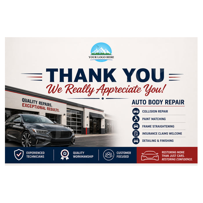 A promotional thank-you card for an auto body repair shop, featuring a black sedan parked in front of a repair facility, with text reading 'THANK YOU We Really Appreciate You!' and service areas like collision repair, paint matching, frame straightening, and detailing.