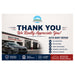 A promotional thank-you card for an auto body repair shop, featuring a black sedan parked in front of a repair facility, with text reading 'THANK YOU We Really Appreciate You!' and service areas like collision repair, paint matching, frame straightening, and detailing.