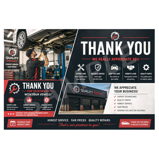A promotional thank-you flyer or marketing graphic for Quality Repair, featuring a large photo of a mechanic working under a car in a garage, bold text reading 'THANK YOU', service icons, and a section with contact information and business details.