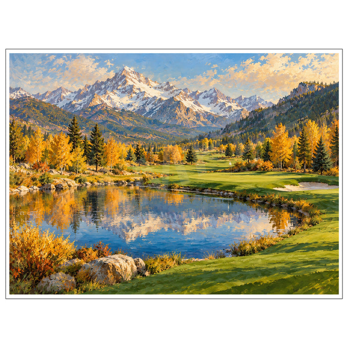 Autumn mountain golf course artwork featuring snowcapped alpine peaks, golden fall trees, a reflective lake and lush green fairways.