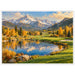Autumn mountain golf course artwork featuring snowcapped alpine peaks, golden fall trees, a reflective lake and lush green fairways.