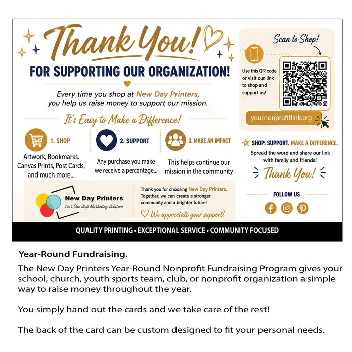 A fundraising thank-you card template for New Day Printers, featuring a 'Thank You!' header, QR code, shopping and support icons, social media links, and a paragraph of fundraising information at the bottom.