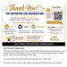 A fundraising thank-you card template for New Day Printers, featuring a 'Thank You!' header, QR code, shopping and support icons, social media links, and a paragraph of fundraising information at the bottom.