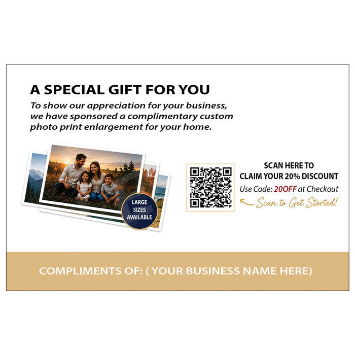 Promotional business card design for a complimentary custom photo print enlargement offer. The card features a white background with black text, a gold banner at the bottom, and an illustration of a family photo print with a 'Large Sizes Available' badge.