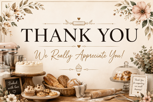 A bakery-themed 'Thank You' sign with floral corner decorations, a rolling pin, and baked goods including a cake, cupcakes, muffins, and breads arranged on a table. The sign reads 'THANK YOU We Really Appreciate You!' in large black and brown lettering.