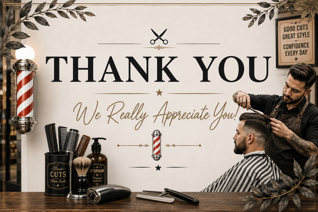A barbershop-themed 'Thank You' graphic with a barber styling a client's hair, vintage barber tools on a counter, and decorative text reading 'THANK YOU We Really Appreciate You!' on a cream background.