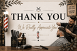 A barbershop-themed 'Thank You' graphic with a barber styling a client's hair, vintage barber tools on a counter, and decorative text reading 'THANK YOU We Really Appreciate You!' on a cream background.
