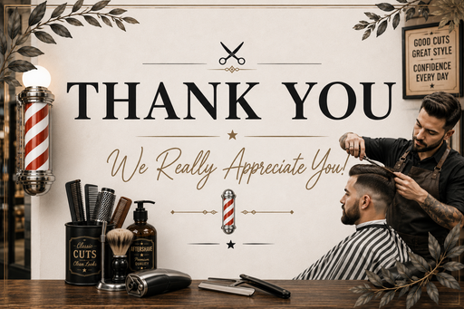 A barbershop-themed 'Thank You' graphic with a barber styling a client's hair, vintage barber tools on a counter, and decorative text reading 'THANK YOU We Really Appreciate You!' on a cream background.