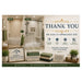 A promotional thank-you graphic for a shower transformation service, showing a before-and-after bathroom shower scene on the left, large text reading 'THANK YOU' on the right, and several framed signs and towels displayed along the bottom against a beige background.
