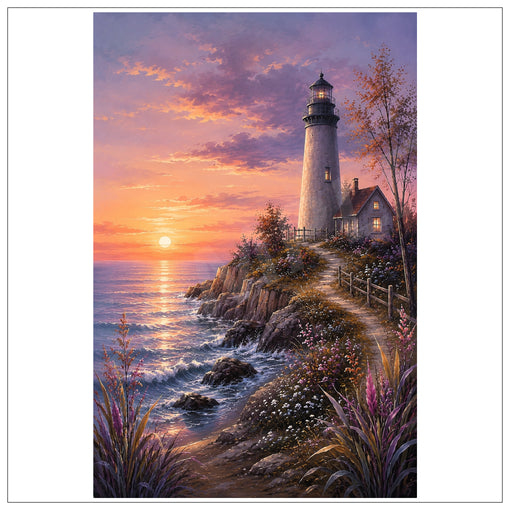A scenic art print depicting a lighthouse on a rocky seaside cliff at sunset, with waves, flowers, and a winding path under a pink, orange, and purple sky.