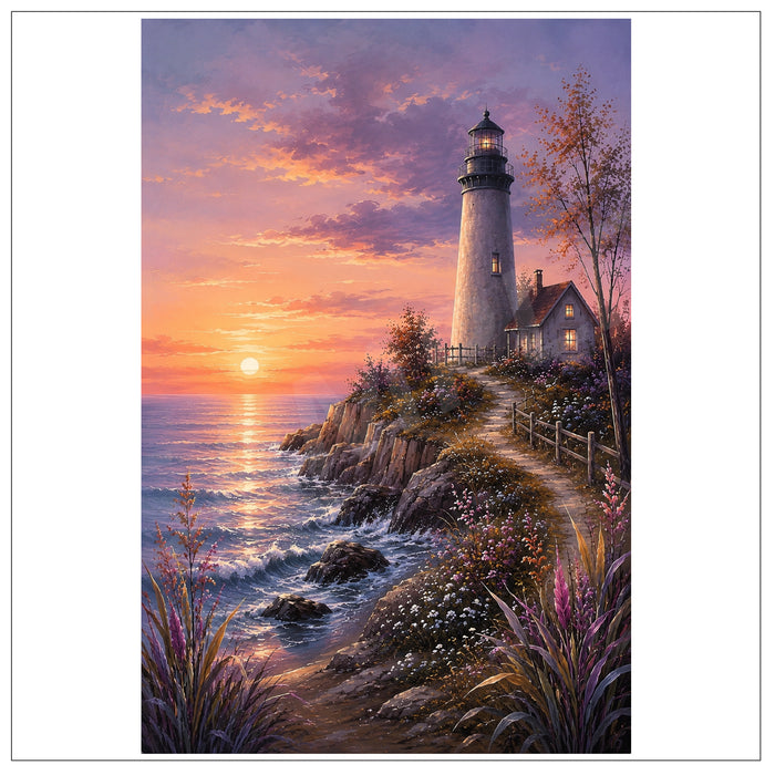 A scenic art print depicting a lighthouse on a rocky seaside cliff at sunset, with waves, flowers, and a winding path under a pink, orange, and purple sky.
