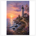 A scenic art print depicting a lighthouse on a rocky seaside cliff at sunset, with waves, flowers, and a winding path under a pink, orange, and purple sky.