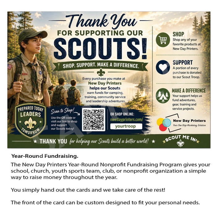 A fundraising thank-you card design for New Day Printers supporting Scouts, with a photo of a girl outdoors, large 'Thank You' and 'SCOUTS!' text, product support details, a QR code, and explanatory text below on a white page.