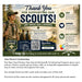 A fundraising thank-you card design for New Day Printers supporting Scouts, with a photo of a girl outdoors, large 'Thank You' and 'SCOUTS!' text, product support details, a QR code, and explanatory text below on a white page.