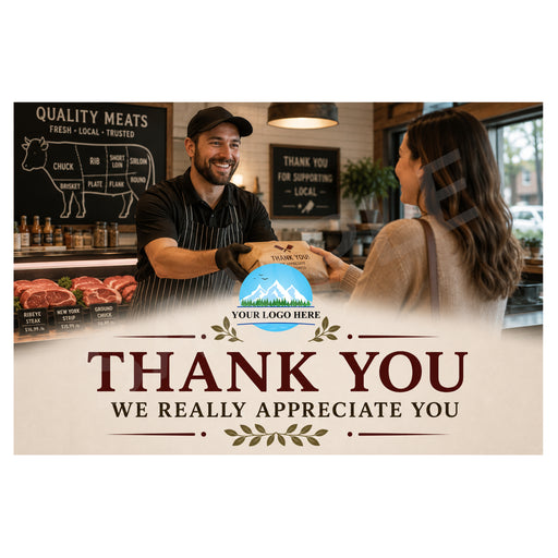 A promotional thank-you card or digital graphic for a butcher shop, featuring a photo of a smiling butcher serving a customer at the counter, with large overlaid text reading 'THANK YOU WE REALLY APPRECIATE YOU' and a placeholder logo area.