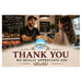A promotional thank-you card or digital graphic for a butcher shop, featuring a photo of a smiling butcher serving a customer at the counter, with large overlaid text reading 'THANK YOU WE REALLY APPRECIATE YOU' and a placeholder logo area.