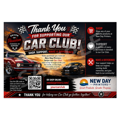 A promotional thank-you card for the New Day Printers Car Club, featuring a red classic car and a black sports car on a road background, with text about supporting the Car Club and shopping at New Day Printers.