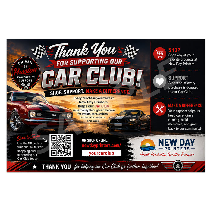 A promotional thank-you card for the New Day Printers Car Club, featuring a red classic car and a black sports car on a road background, with text about supporting the Car Club and shopping at New Day Printers.