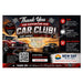 A promotional thank-you card for the New Day Printers Car Club, featuring a red classic car and a black sports car on a road background, with text about supporting the Car Club and shopping at New Day Printers.