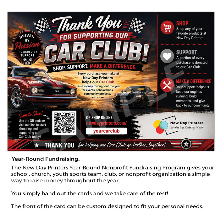 A fundraising card template for a car club, featuring a red sports car, checkered flags, and text sections for shopping, support, and making a difference. The card is shown above a block of explanatory text about year-round fundraising.
