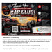 A fundraising card template for a car club, featuring a red sports car, checkered flags, and text sections for shopping, support, and making a difference. The card is shown above a block of explanatory text about year-round fundraising.