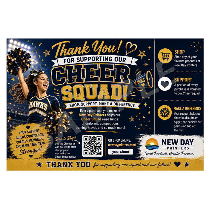 A square promotional thank-you card for a cheer squad, designed with a dark navy and gold color scheme. The left side features a photo of a cheerleader holding gold pom-poms, while the right side contains text sections about shopping, support, and making a difference, along with a QR code and a New Day Printers logo at the bottom.