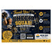 A square promotional thank-you card for a cheer squad, designed with a dark navy and gold color scheme. The left side features a photo of a cheerleader holding gold pom-poms, while the right side contains text sections about shopping, support, and making a difference, along with a QR code and a New Day Printers logo at the bottom.