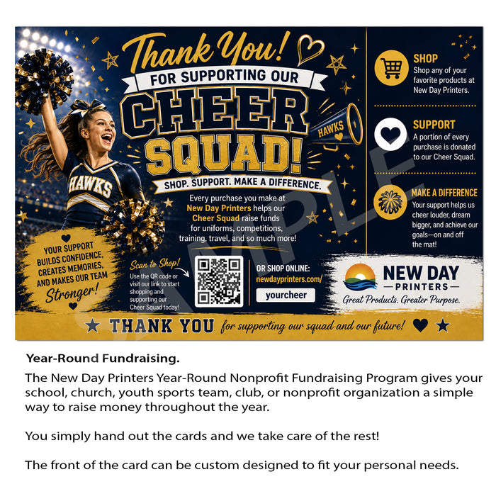 A promotional fundraising card for the New Day Printers Cheer Squad, featuring a cheerleader holding a pom-pom, large 'Thank You! FOR SUPPORTING OUR CHEER SQUAD!' text, product info on the right, and fundraising description text below on a white page.