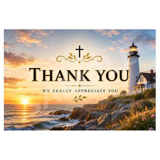 A square thank-you card featuring a scenic coastal sunset with a lighthouse, rocks, and ocean, overlaid with the words “THANK YOU” and “WE REALLY APPRECIATE YOU” in gold and black text with decorative leaf and cross motifs.