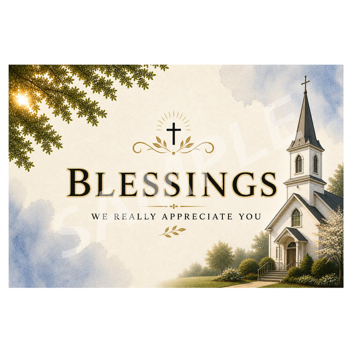 A rectangular printed card or sign with a church illustration and the text 'Blessings We Really Appreciate You' on a cream background with blue sky and sun rays.