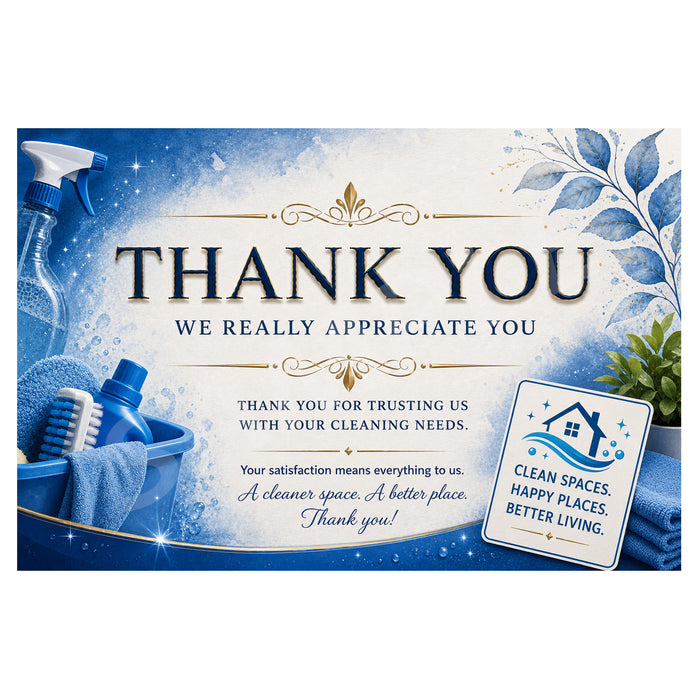 A blue and white cleaning-themed thank you card with decorative floral elements, cleaning supplies, and text reading 'THANK YOU WE REALLY APPRECIATE YOU' plus a small badge that says 'CLEAN SPACES, HAPPY PLACES, BETTER LIVING.'.