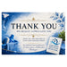 A blue and white cleaning-themed thank you card with decorative floral elements, cleaning supplies, and text reading 'THANK YOU WE REALLY APPRECIATE YOU' plus a small badge that says 'CLEAN SPACES, HAPPY PLACES, BETTER LIVING.'.