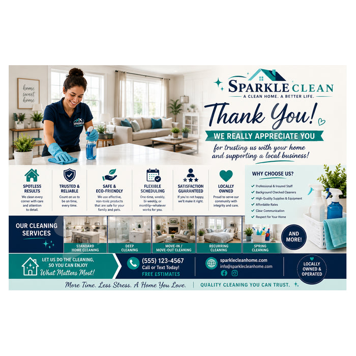 A promotional thank-you graphic for Sparkle Clean, featuring a woman in a navy uniform and blue gloves cleaning a white table in a bright home interior, alongside text reading 'Thank You!' and service highlights.