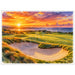 Watercolor golf art featuring a coastal green, sand bunker and dramatic golden sunset overlooking the water.