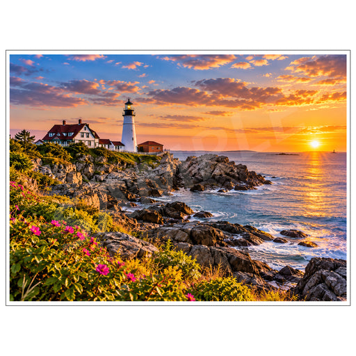 Coastal lighthouse fine art print featuring a white lighthouse and keeper's house on a rocky shoreline with colorful wildflowers and a golden ocean sunset.