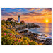 Coastal lighthouse fine art print featuring a white lighthouse and keeper's house on a rocky shoreline with colorful wildflowers and a golden ocean sunset.