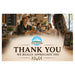 A coffee shop thank-you card or sign featuring a warm scene of a barista handing a takeaway coffee cup to a customer. The lower portion has a beige gradient with the text 'THANK YOU WE REALLY APPRECIATE YOU' and a placeholder logo area reading 'YOUR LOGO HERE'.