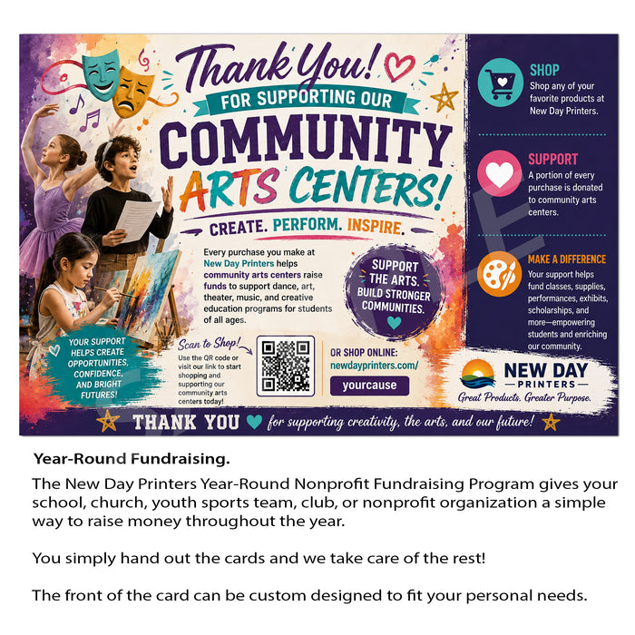 A fundraising card design for New Day Printers, featuring colorful illustrations of a dancer and a child, with text thanking supporters for community arts centers. The card includes sections for shopping, support, and making a difference, along with a QR code and branding for New Day Printers.