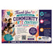 A colorful promotional thank-you graphic for New Day Printers supporting community arts centers, with illustrations of children, theatrical masks, text blocks, a QR code, and product info on the right.