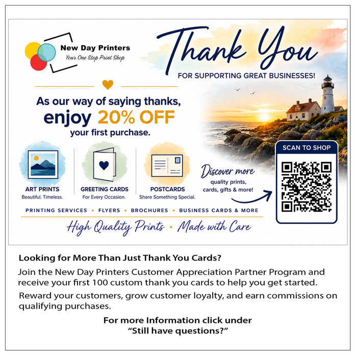 A promotional thank-you card from New Day Printers with text offering 20% off the first purchase, a scenic lighthouse photo, icons for art prints, greeting cards, and postcards, and a QR code for shopping.