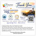 A promotional thank-you card from New Day Printers with text offering 20% off the first purchase, a scenic lighthouse photo, icons for art prints, greeting cards, and postcards, and a QR code for shopping.