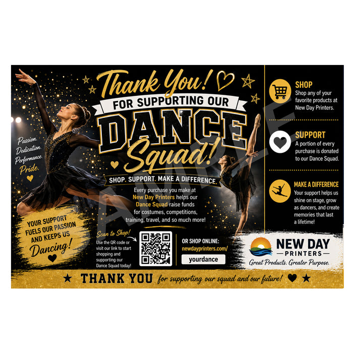 A promotional thank-you graphic for the New Day Printers Dance Squad, featuring a dancer in a black leotard on a gold and black background with text, logos, and a QR code.