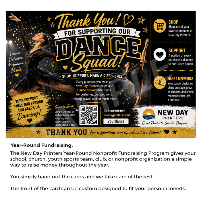 A fundraising card design for the New Day Printers Dance Squad, featuring a black and gold theme with photos of dancers, text thanking them for support, and a QR code. The bottom section contains fundraising information and company details.