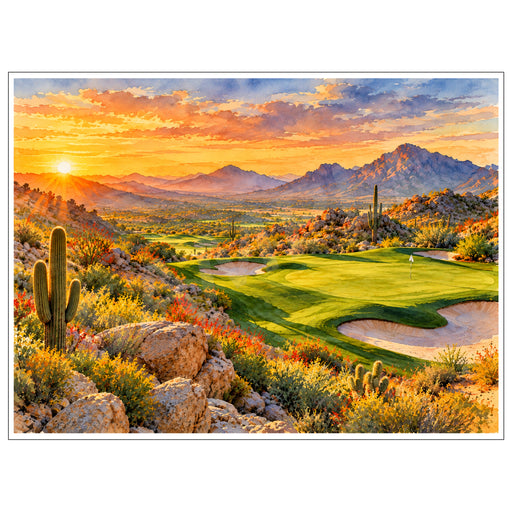Watercolor desert golf course with mountain views, cacti, sand bunkers and a colorful golden sunset.